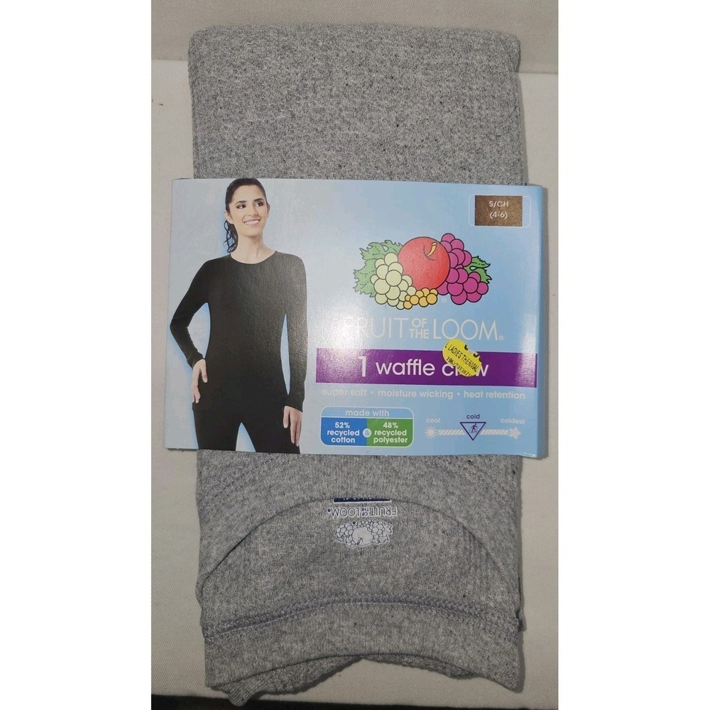 Fruit of the Loom Ladies Waffle Crew Thermal Top Gray Heather Small NWT